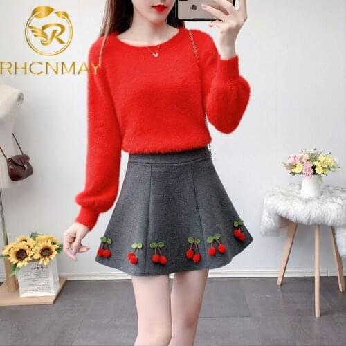 New Sweet Two Piece Set Tracksuit Women Long Sleeve Knitted Sweater and Woolen Embroidery Mini Skirt Ladies Outfits