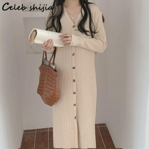 Autumn Knitting Long Dress Woman Single-breasted V-neck Apricot Sweater Dress Vestidos Winter Korean Y2k Maxi Loose Knitwear