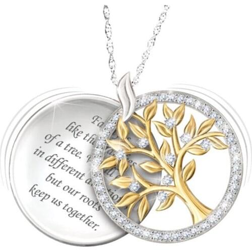 Alloy Tree of Life Shape Pendant Necklace With Rhinestone Round Charms Necklace Gold Color Necklace Women Girl Gifts N004