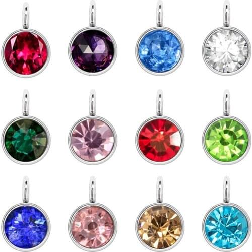 12PCS/lot silver color birthstone pendant 12colors stones stainless steel hang charms fit for diy keychains bangles making