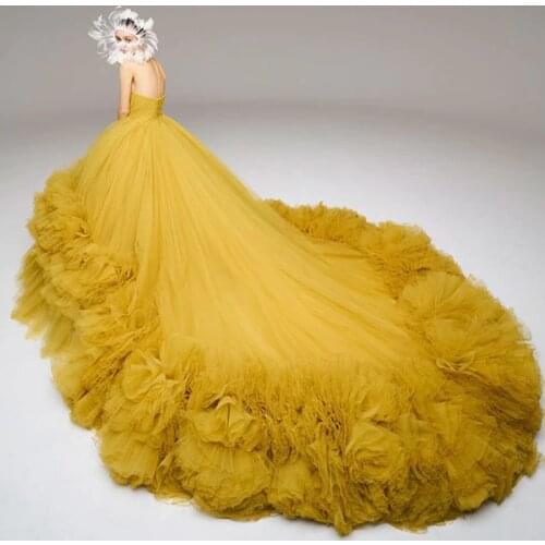Amazing Ruffled Tulle Women Formal Dress Prom Gowns Long Train Strapless Extra Puffy Evening Party Dresses Robe de soiree