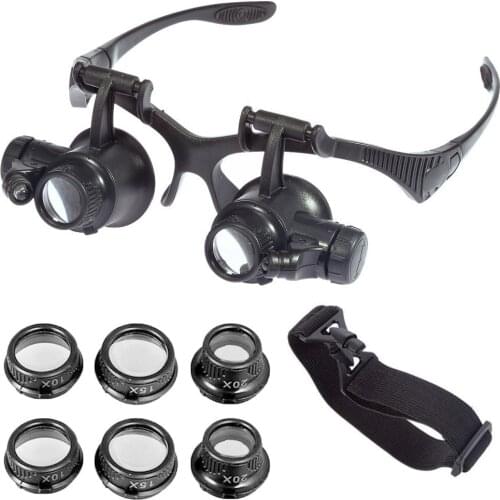 Adband 10X 15X 20X 25X LED Light Glasses Eyeglass Mount Magnifier Double Eye Loupe Magnifying Glasses Replaceable Lenses