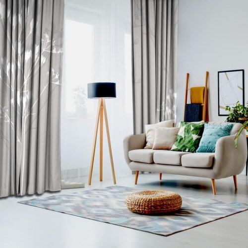 Printed Fund Curtain with White Flower Pattern in Gray Tones