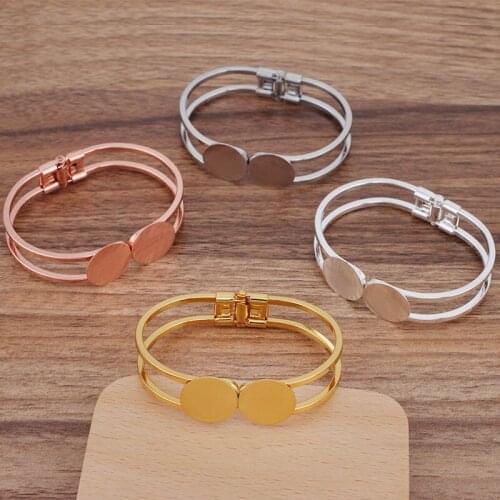 Women Open Cuff Bracelet Base Blank with 20mm 25mm 18mm Double Flat Circle Glue Pad Spring Bangle Settings Findings Multi-color