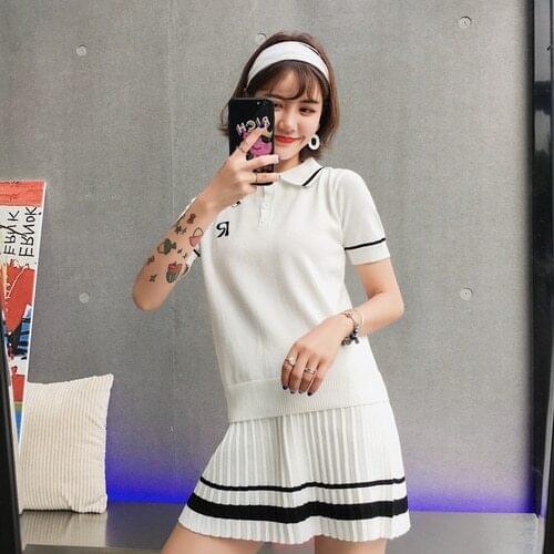 Women Two Piece Set Summer 2020 Korean Style Preppy Embroidery Turn Down Collar Short Sleeve Tops Pleated Skirt Set Knitwear S82