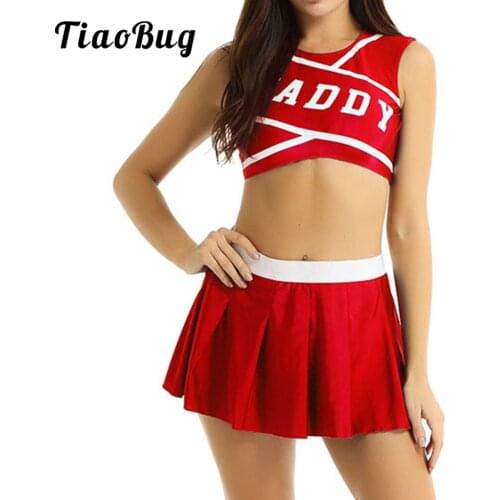 Women Japanese Schoolgirl Cheerleader Costume Set Charming Halloween Cosplay Costume Crop Top with Mini Pleated Skirt