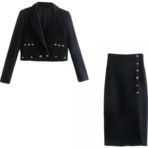 Xikom 2021 Tweed Women Two-piece Set Black Vintage Casual Slim Long Sleeve Blazer Female High Waist Split Skirt Suits
