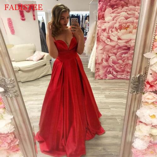 New Style Satin Sexy Deep V-neck Prom Dress Spaghetti Straps Woman Formal Evening Party Gowns вечерние платья Robes De Soirée