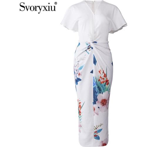 Svoryxiu Elegant Flower Print White Long Dress Womens Sexy V-Neck Short Sleeve Package Buttocks Slim Summer Runway Dresses