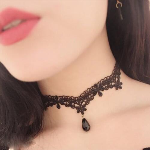 Fashion Gothic Black White Lace Choker Party Jewelry Gift For Women Elegant Crystal Clavicle Charm Chain Flower Collar Necklaces