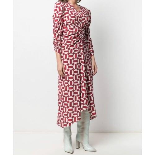 2021 Woman Red Albi Geometric Print Silk Midi Dress V-neck Long Sleeves Asymmetric Long DRESS Cinched waist