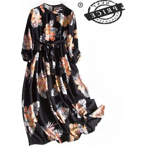 Women Summer Dress Clothes 2021 Vintage Real Silk Dresses for Women Elegant Floral Long Dress Woman Black Vestidos A3532