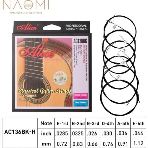 Naomi 1 set Alice AC136BK-H Black Nylon Classical Guitar Strings 6pcs/set Hard Tension or Normal Tension with One Complimentary