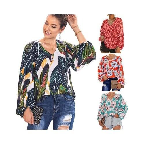 2020 Womens Casual Floral Print Boho V Neck Button Down Bell Long Sleeves Tops Loose Blouse Shirts Pullover S-2XL