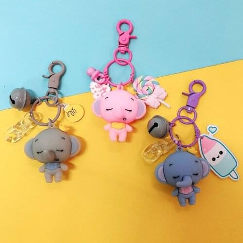 2021 New Cute Baby Elephant Keychain Metal Keyring Female Blue Pink Gray Bells Doll Key Holder Jewelry