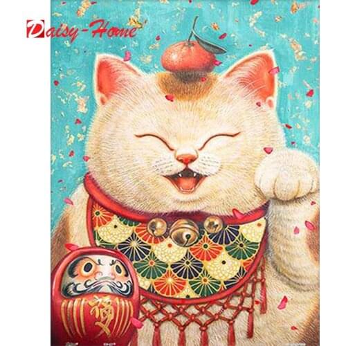 New DIY diamond painting animal fortune cat full square round diamond cross stitch print home furnishings living room mural gift