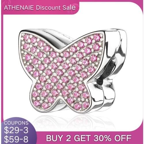 ATHENAIE European 925 Silver Clips Pave Clear CZ Sparkling butterfly Charm Beads Color Pink Fit European Charm Bracelet Necklace