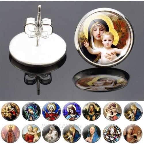 Virgin Mary and Son of God Jesus Stud Earrings Women Fashion Earing Glass Cabochon Jewelry Christian Catholicism Style Girl Gift