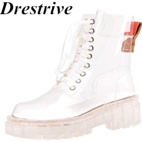 Drestrive Women Ankle Boots PVC Transparent Round Toe Platform Cross Tied Thick Heels 2021 Spring Shoes Woman Lace Up