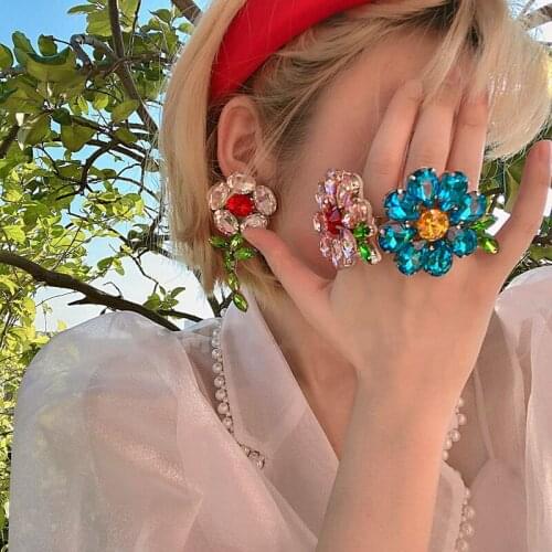 Korean Charms Candy Color Flower Rings 2021 Trend for Women Metal Vintage Sweet Crystal Rings Jewelry Friendship 90s Style Gifts