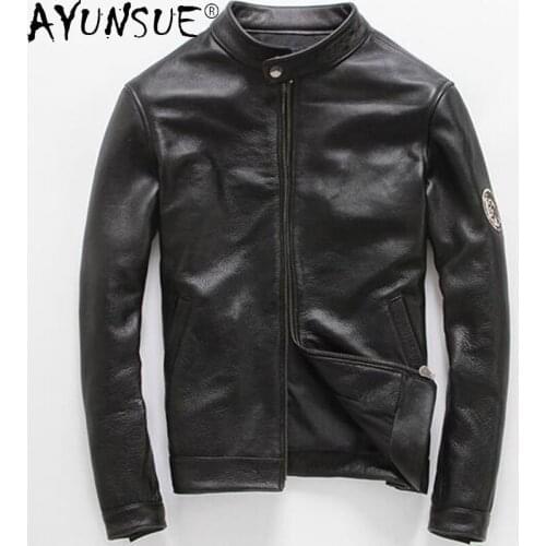 AYUNSUE Real Cow Leather Jacket Men Spring Autumn Short Genuine Cowhide Motorcycle Bomber Jacket Men Slim Fit 2021 KJ6740