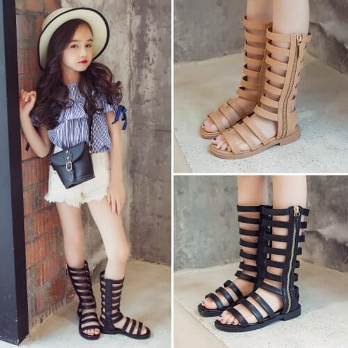 Summer Style Girls Sandals Knee High Boots Narrow Band Gladiator Sandal Fashion Childrens Shoes Kids Flat sandalias botas Black