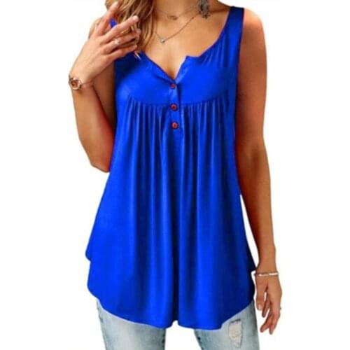 Hot Women Tank Top Plus size Solid U Neck Female Camisole Sleeveless Pleated Tank Top Ladies Button 2020 summer women Loose Vest