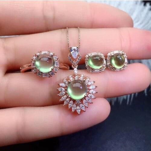 New Arrival Real Natural Prehnite jewelry set 1pc Prehnite ring 1pc Prehnite pendant 1pair stud earring 925 sterling silver
