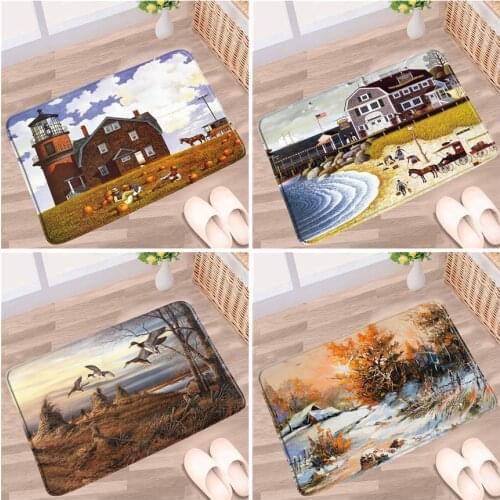Autumn Scenery Bath Mat Farmhouse Forest Bird Oil Painting Pattern Non-slip Rug Flannel Bathroom Kitchen Bedroom Entrance Carpet