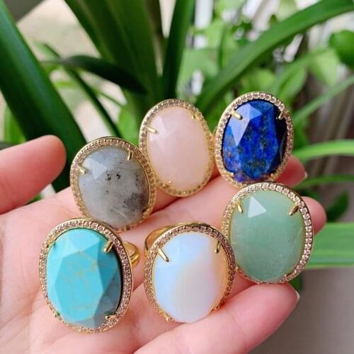 Natural Agates Pink Quartz Lapis Labradorite Opal Stone Opening Cuff Ring Rhinestone Crystal Ring Women Party Wedding Jewelry