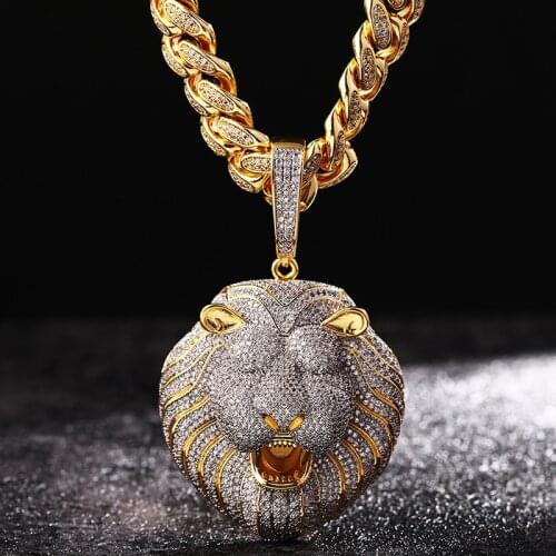 Lced Out Bling Necklace Micro Pave Cubic Zircon Lion Head Pendant for Men Women Gifts Luxury Hip Hop Jewelry