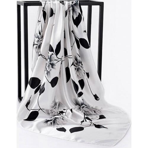 HanXi Satin Silk Head Square Scarves for Women Muslim Hijab Scarf Print Wrap Female 90cmx90cm Shawls Square Hair Scarfs