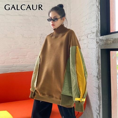 GALCAUR Casual Sweatshirts For Women Turtleneck Long Lantern Long Sleeve Loose Patchwork Hit Color Pullovers Female 2021 Clothes