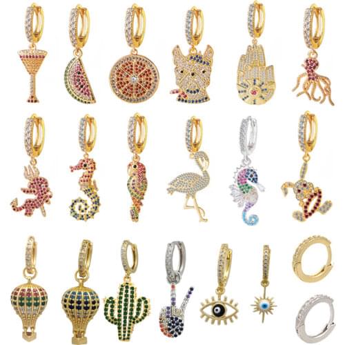 QMHJE 1 Set Small Hoop Earrings Women CZ Eye Balloon Flamingo Seahorse Dog Watermelon Octopus Parrot Lemon Rainbow Gold Color