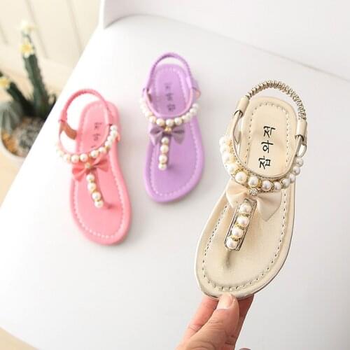 Girls' sandals 2020 summer new fashion Slip-On Bowknot Rubber soft-soled childrens Pearl Princess shoes non-slip zapatos