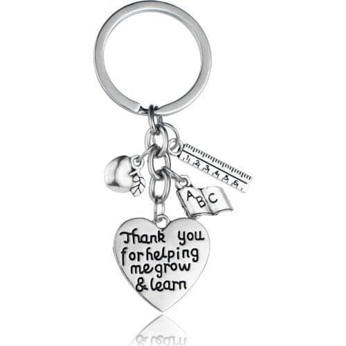 Thank You For Helping Me Grow & Learn Heart Pendant Key Chain Ring School Women Men Teachers Keyring Jewelry Gift Xmas Present