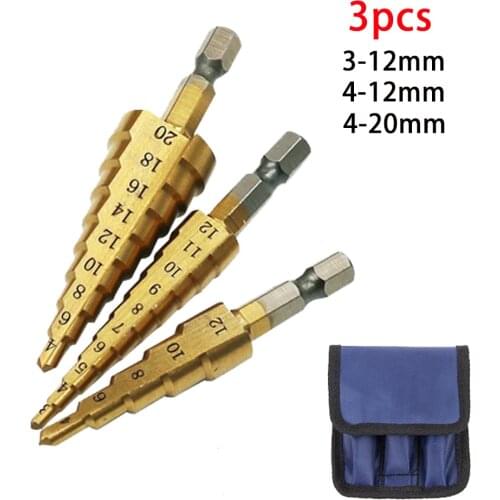 3Pcs/set 3-12mm 4-12mm 4-20mm HSS Straight Groove Step Drill Bit Titanium Coated Wood Metal Hole Cutter Core Drilling Tools Set