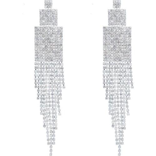 Chran Shining Rhinestone Tassles Dangle Earrings for Women Fashion Silver Plated Crystal Long Earrings
