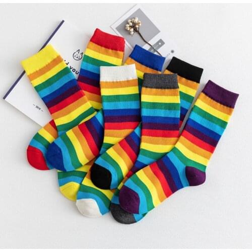 High Quality Seven-Color Rainbow Socks Women Korean Style Colorful Cute Cartoon Socks Fashion Striped Midi-Tube Cotton Sock
