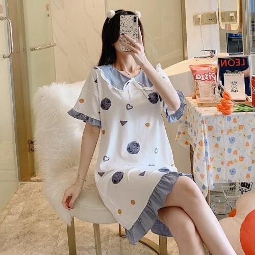 2021 Summer Sweet Bow Princess Short Sleeve Cotton Print Nightgowns for Women Sleepwear Night Dress Nightdress Home Dress Nighty