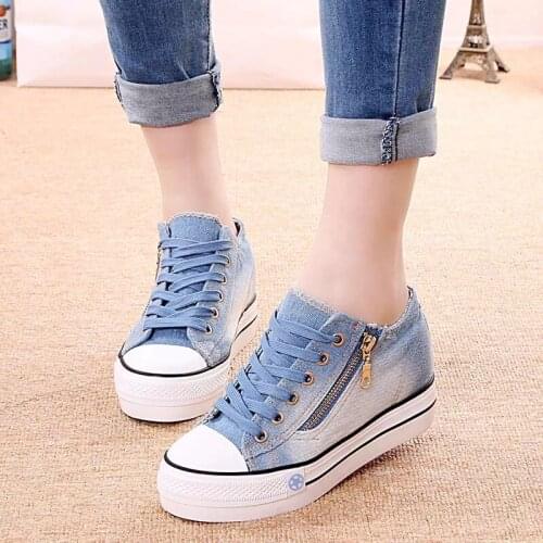 2021 Spring and Autumn Low-Top Canvas Womens Side Zipper Denim Platform Muffin Height Increasing Insole Student Casual Shoes