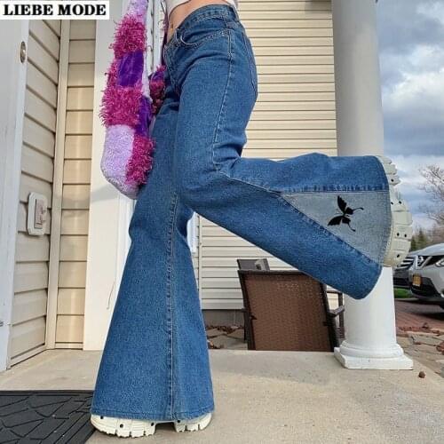 Womens High Waist Flare Jeans for Women Bell Bottom Denim Pants Trousers Streetwear Patchwork Butterfly Print Flared Jeans Mujer