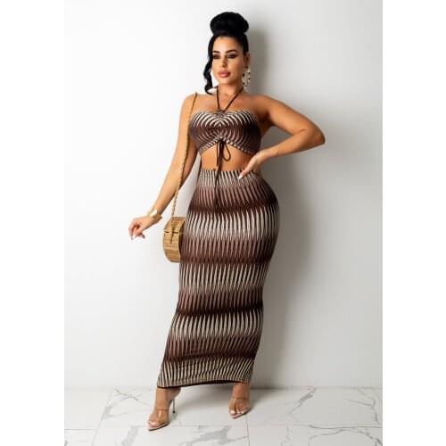 Aesthetic Print Two Piece Set Women Skirt Sexy Ribbons Lace Sleeveless Strapless Vest Top+Side Slit Sheath Slim Party Dress Sets