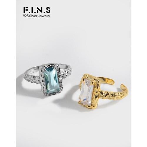F.I.N.S Luxury Fold S925 Sterling Silver Ring Shiny Square Ocean Blue Zirconia Open Finger Rings for Women Wedding Fine Jewelry