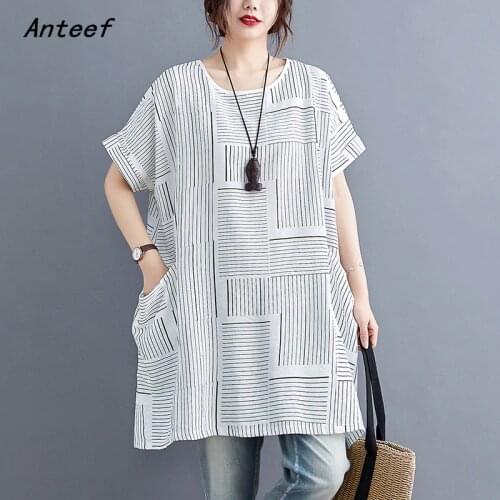 Cotton linen plus size vintage stripe women causal loose mini short summer dress elegant clothes 2021 ladies dresses sundress