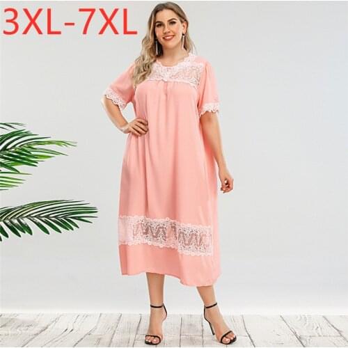New 2021 Ladies Summer Plus Size Dress For Women Large Short Sleeve Large Loose Pink Lace Home Wear Dress 3XL 4XL 5XL 6XL 7XL