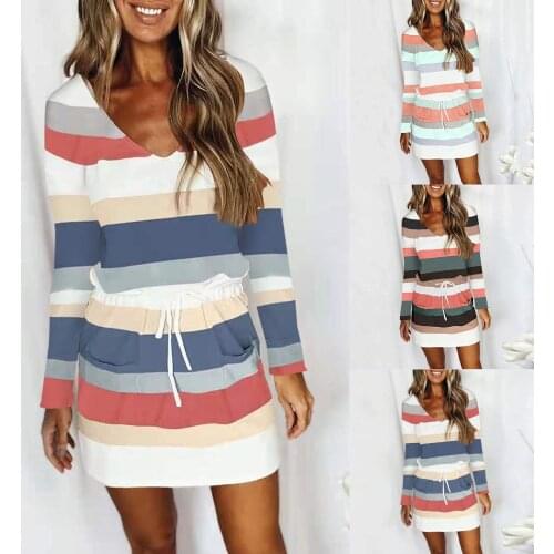 European and American fashion Harajuku 2021 autumn and winter new womens v-neck printed striped pocket lace-up dress