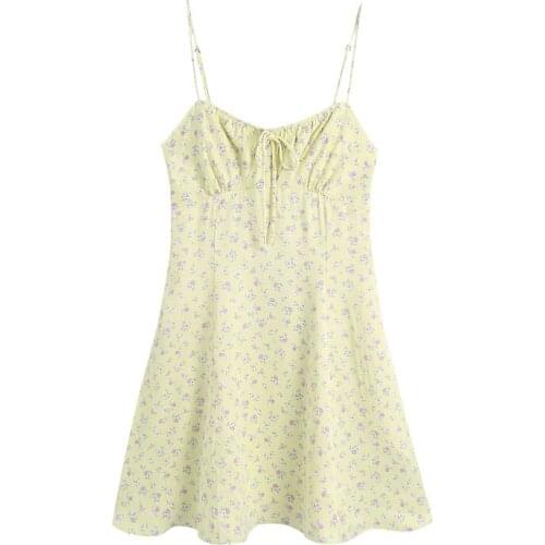 Baldauren 2021 Women Chic Fashion With Ties Floral Print Mini Dress Vintage Backless Elastic Thin Straps Female Dresses Mujer