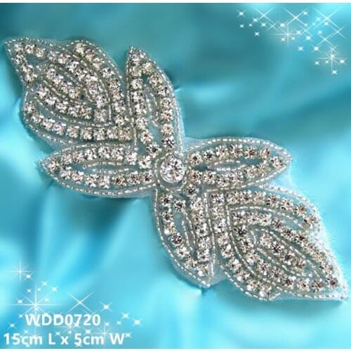 30PCS) Wholesale handmade beaded rhinestone bow applique patch iron on for dresses WDD0720