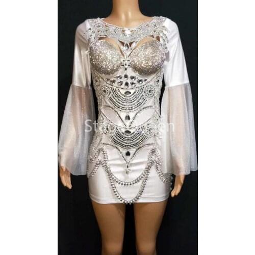 White Crystals Dress Long Tail Women Birthday Celebrate Dresses Costume Prom Shining Rhinestones Evening Outfit DS DJ Dress